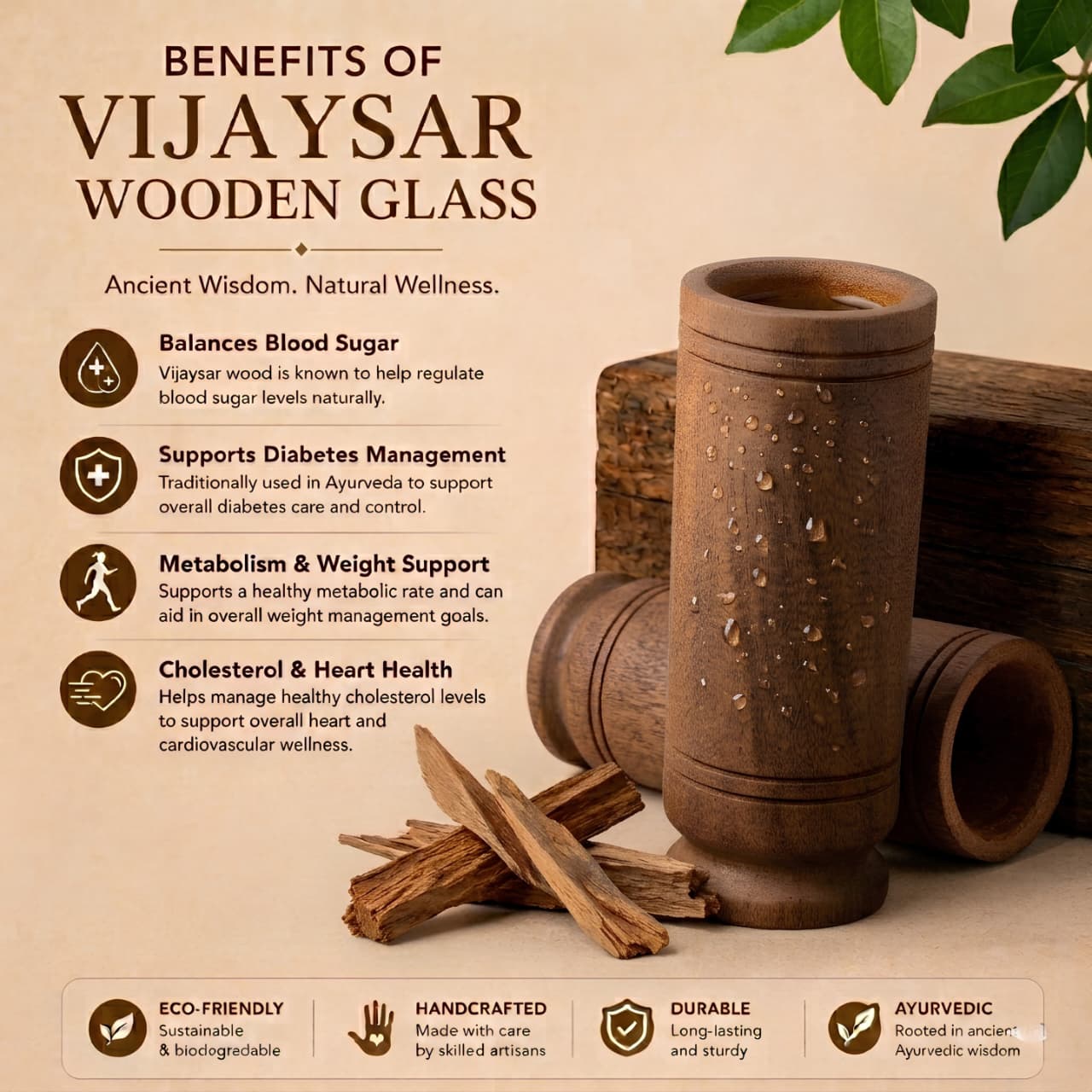 Vijaysar Wood Glass for Diabetes & Blood Sugar |Ayurvedic Herbal Wooden Tumbler